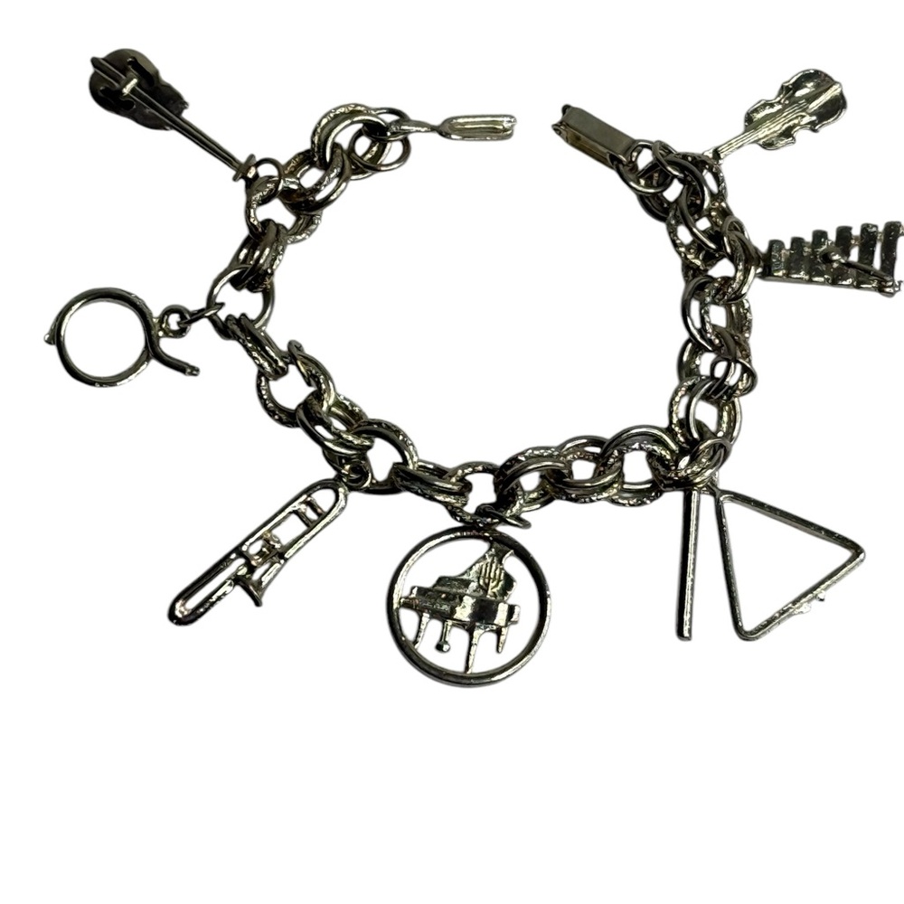 Vintage Musical Instruments Charm Silver Tone Bracelet 7” - Picture 2 of 3
